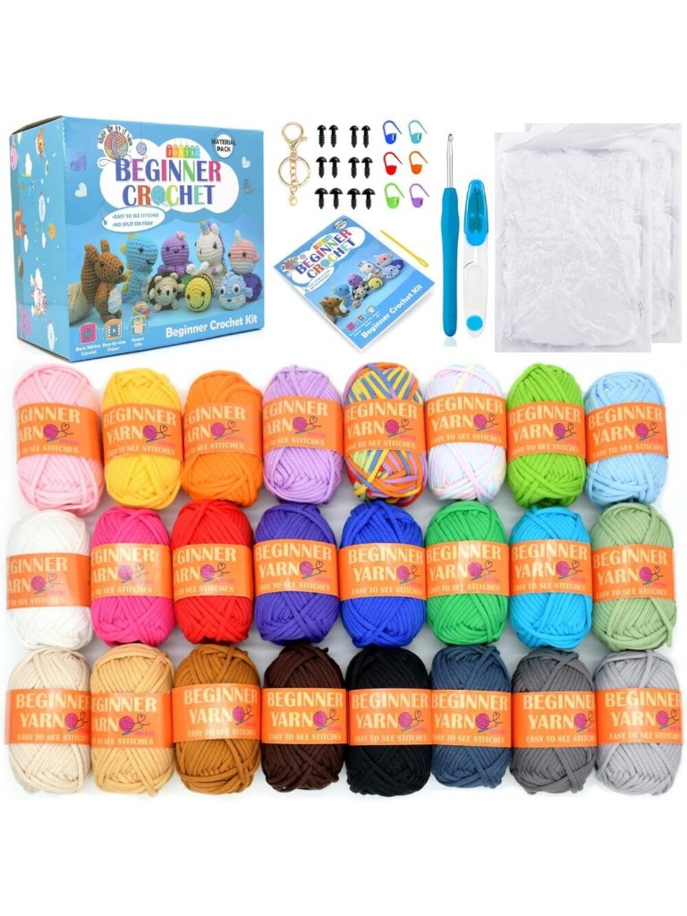 24 Pack Easy Crochet Yarn Set - Vibrant Colors for Beginners, Knitting